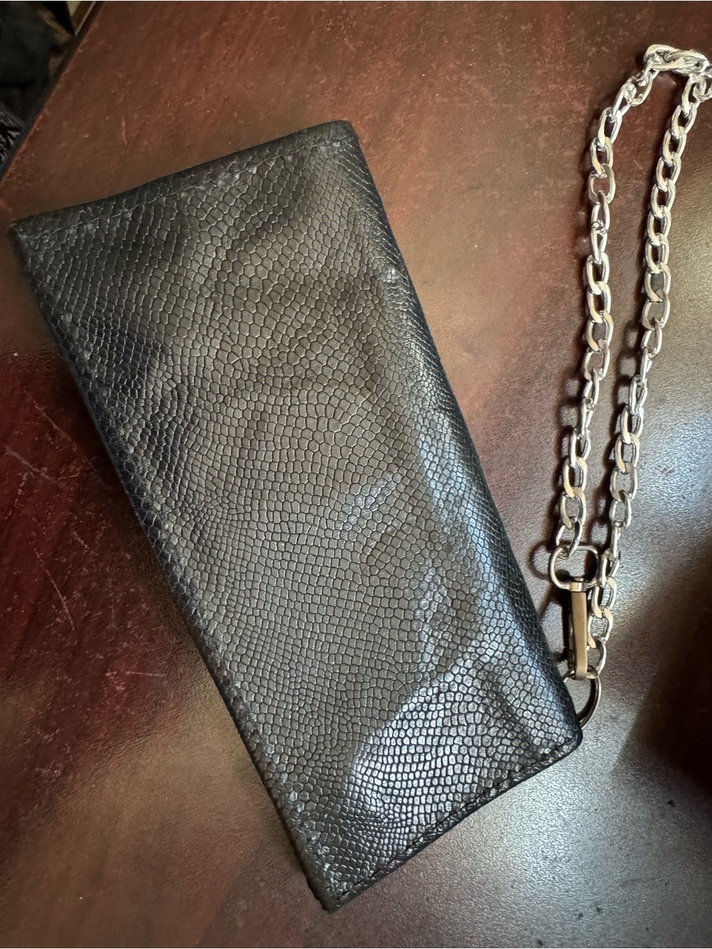 Black Textured Leather Wristlet Clutch